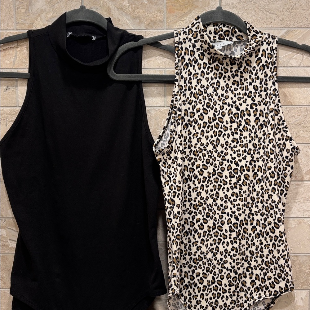 2 High Neck Black and Leopard Print Women's Short Sleeve Bodysuit Tops